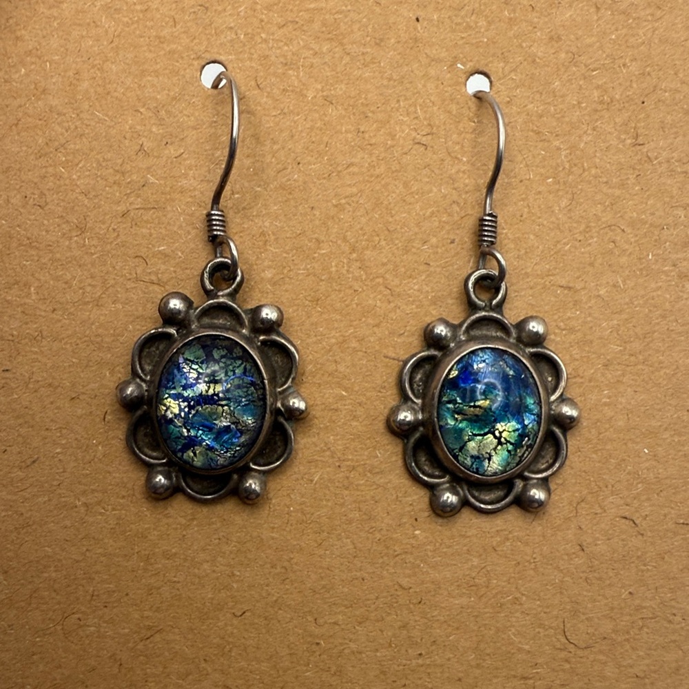 Vintage 925 Sterling Silver Dichroic Glass Hook Earrings